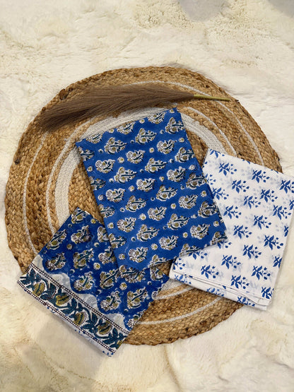 Blue handblock printed cotton unstitched suit set with cotton dupatta