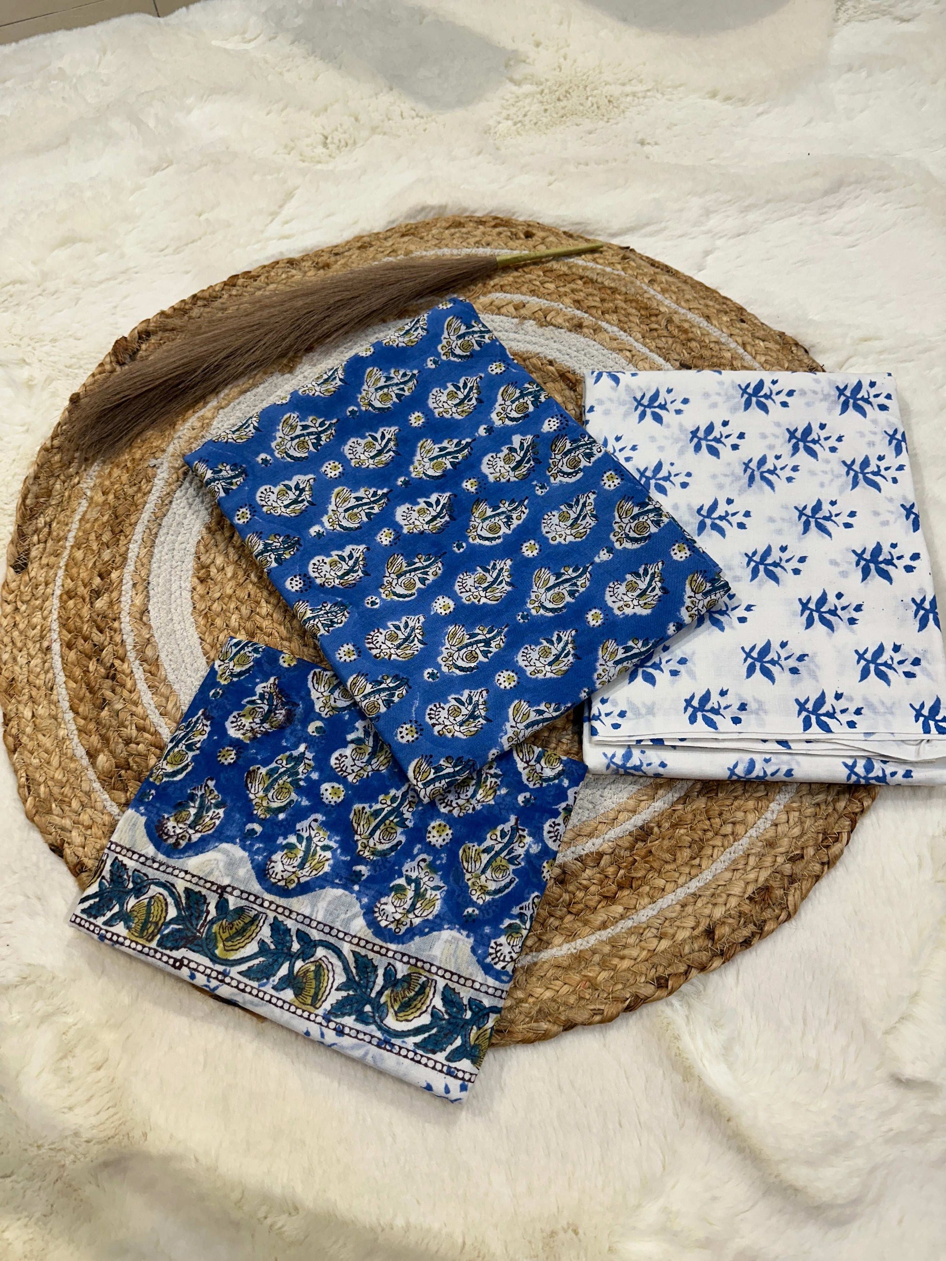 Blue handblock printed cotton unstitched suit set with cotton dupatta