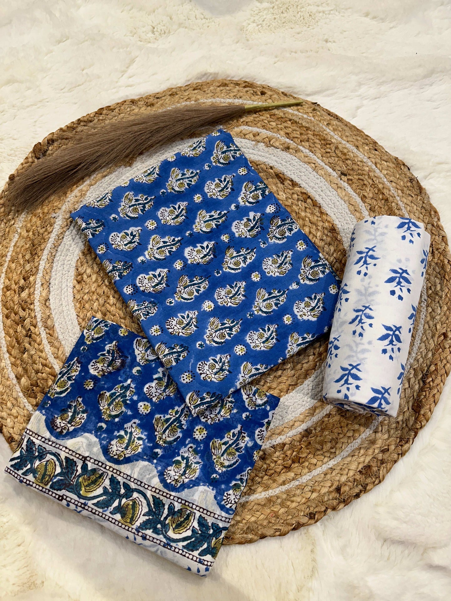 Blue handblock printed cotton unstitched suit set with cotton dupatta