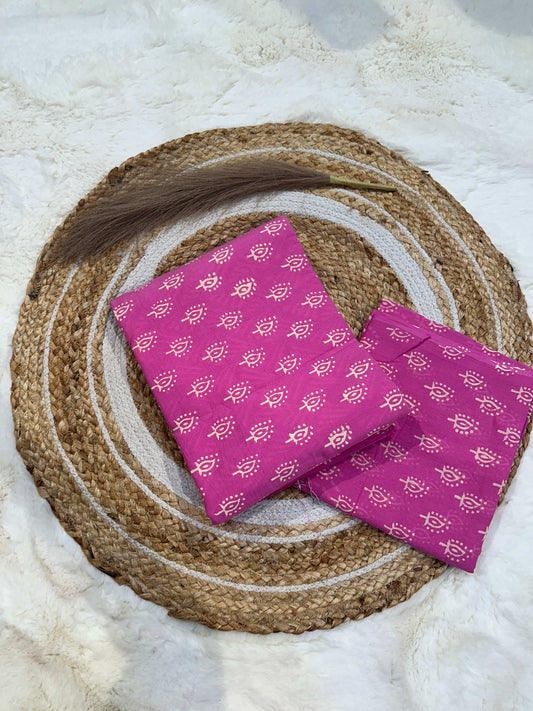 Pink handblock printed cotton unstitched suit set with cotton dupatta