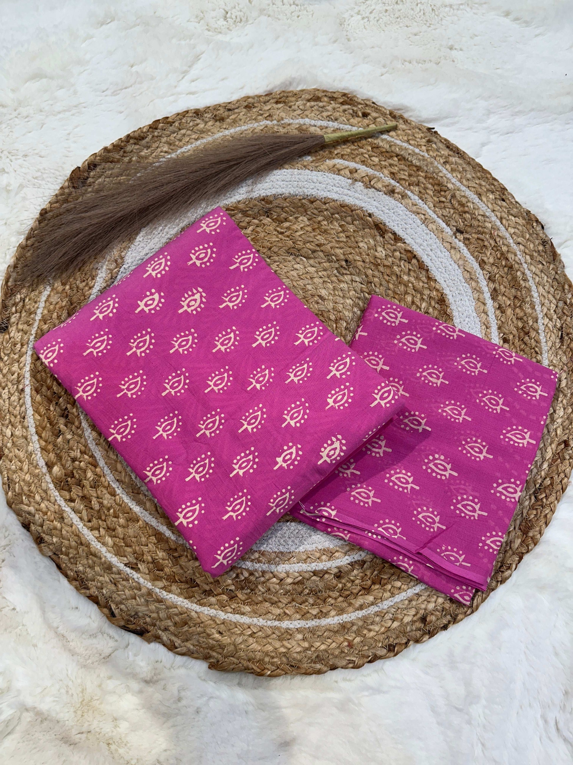 Pink handblock printed cotton unstitched suit set with cotton dupatta