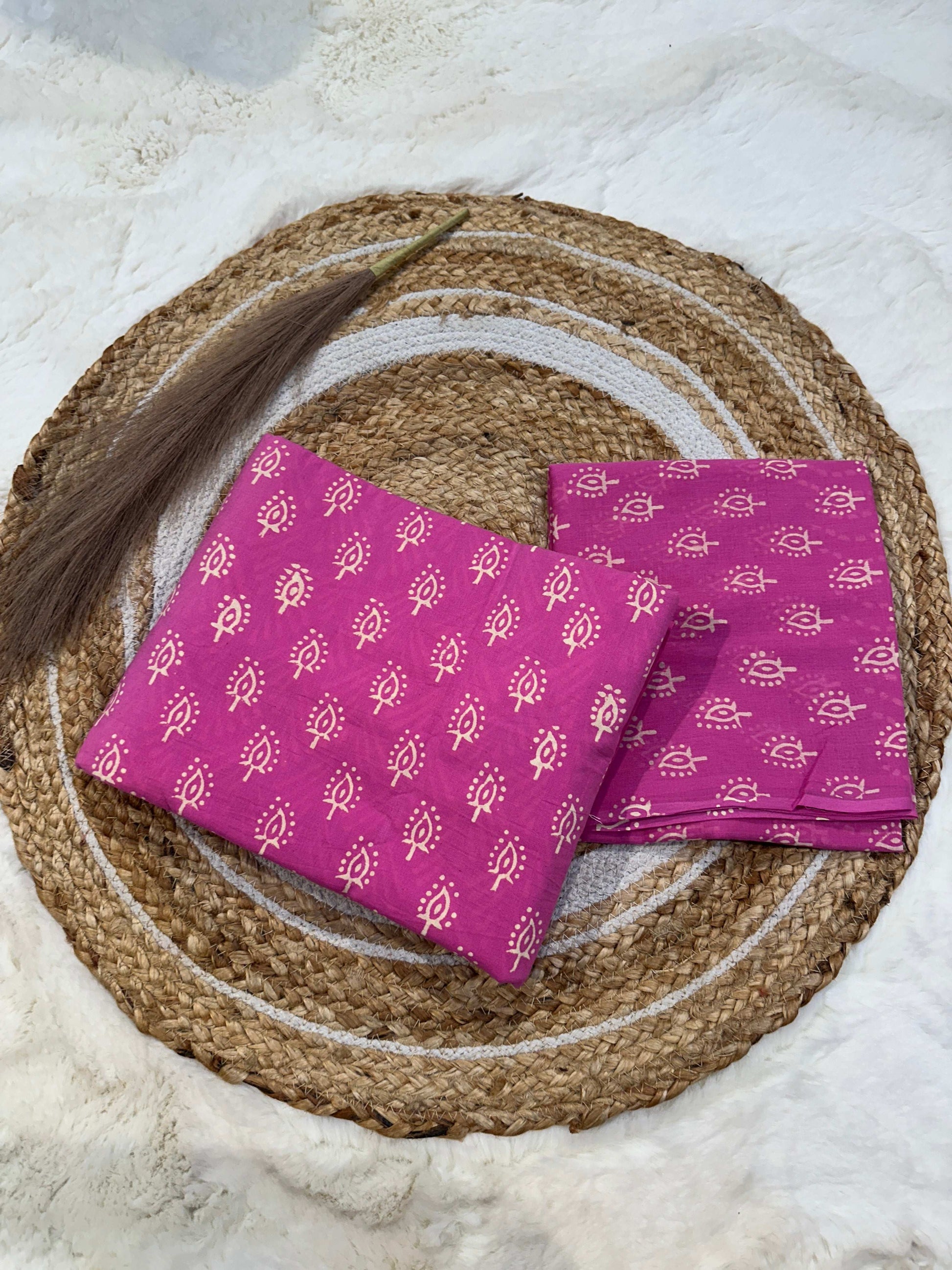 Pink handblock printed cotton unstitched suit set with cotton dupatta