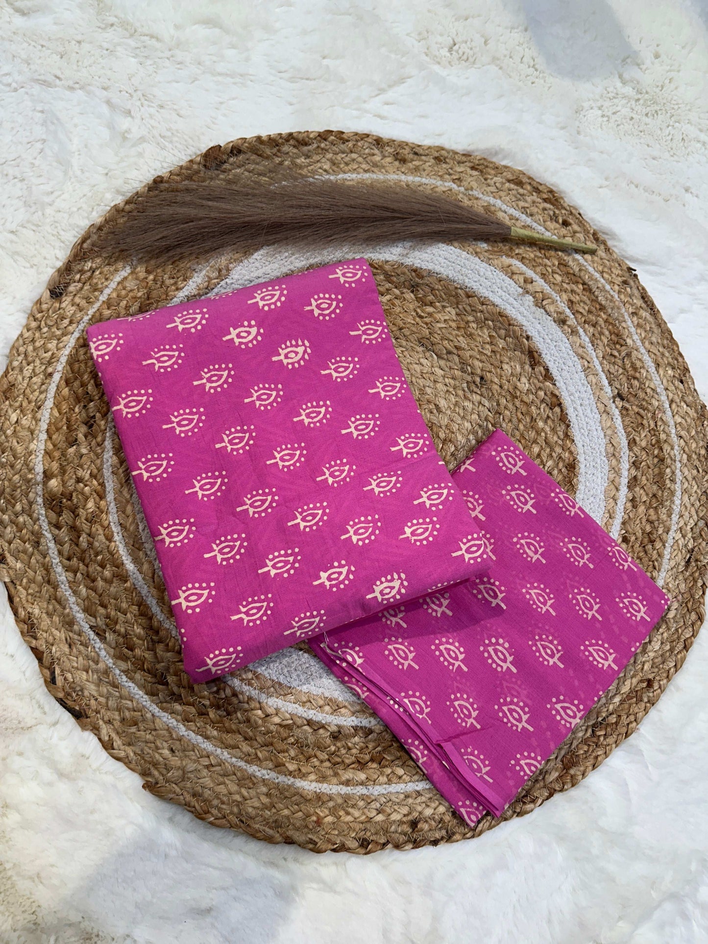 Pink handblock printed cotton unstitched suit set with cotton dupatta