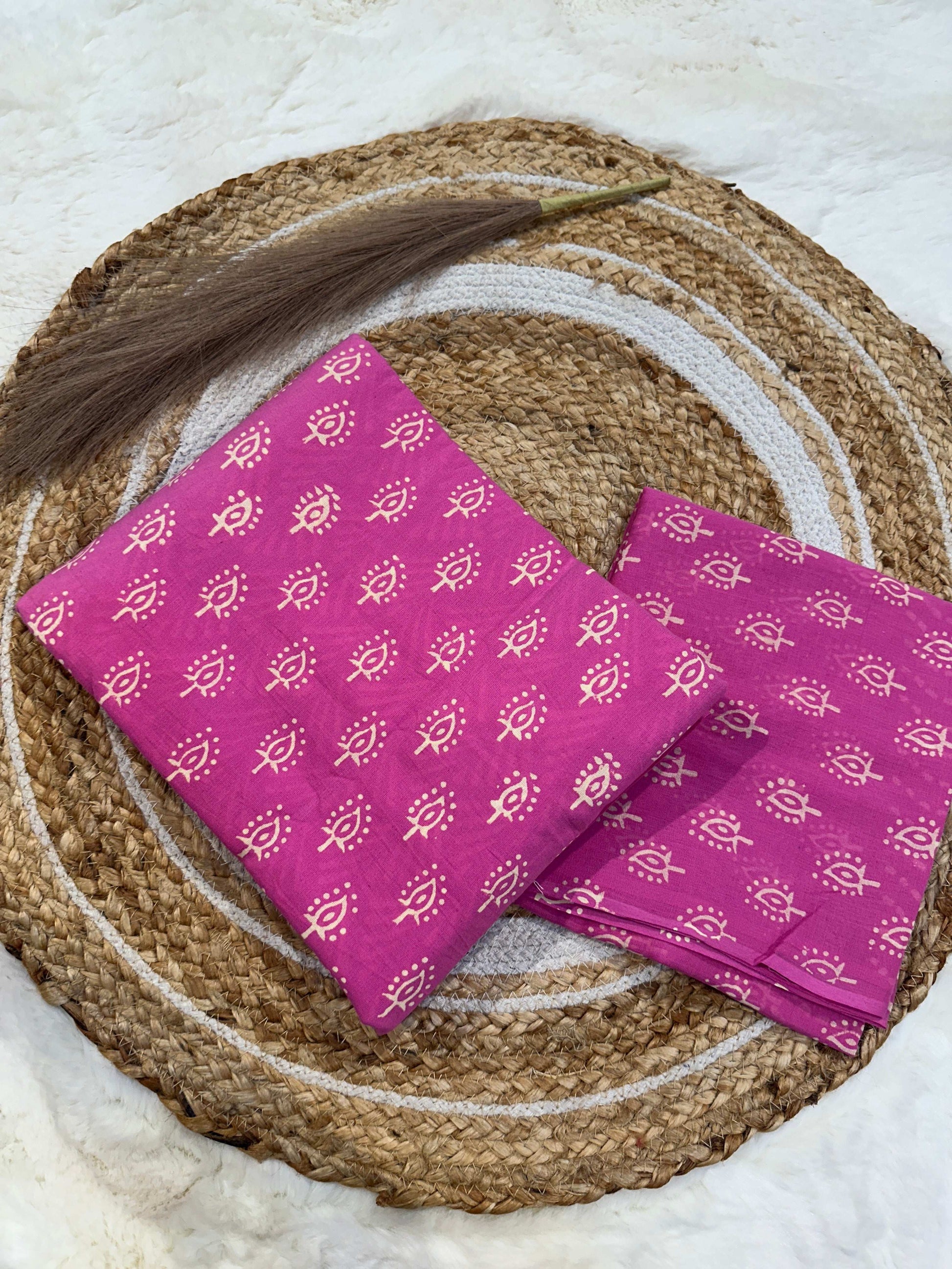 Pink handblock printed cotton unstitched suit set with cotton dupatta