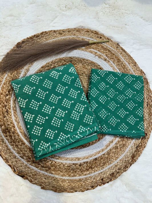 Green handblock printed cotton unstitched suit set with cotton dupatta