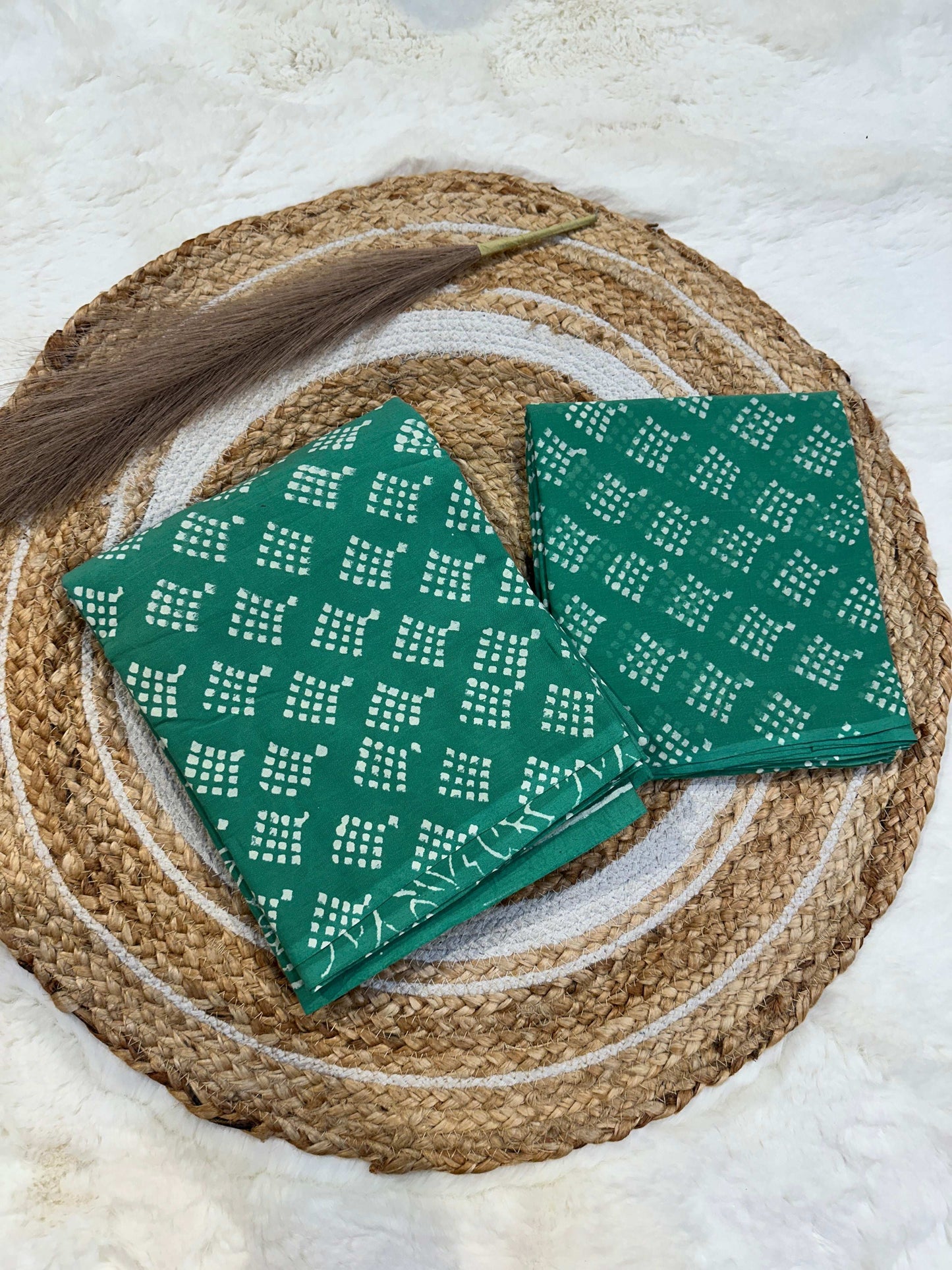 Green handblock printed cotton unstitched suit set with cotton dupatta