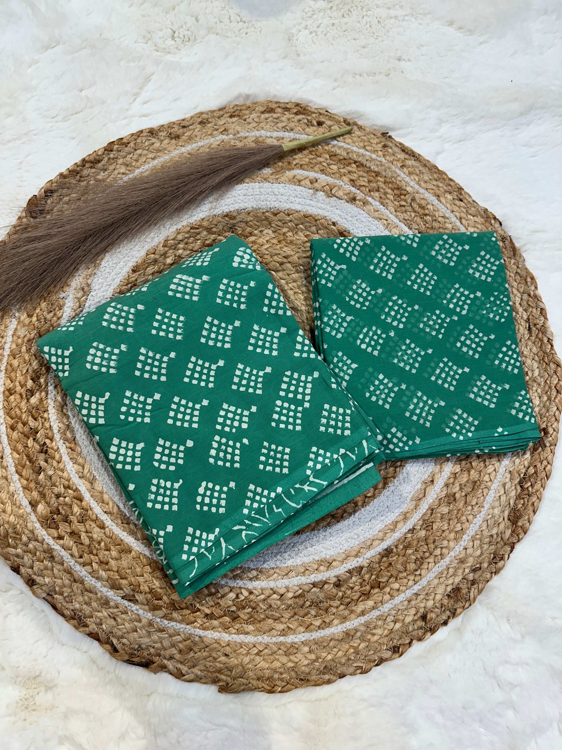 Green handblock printed cotton unstitched suit set with cotton dupatta
