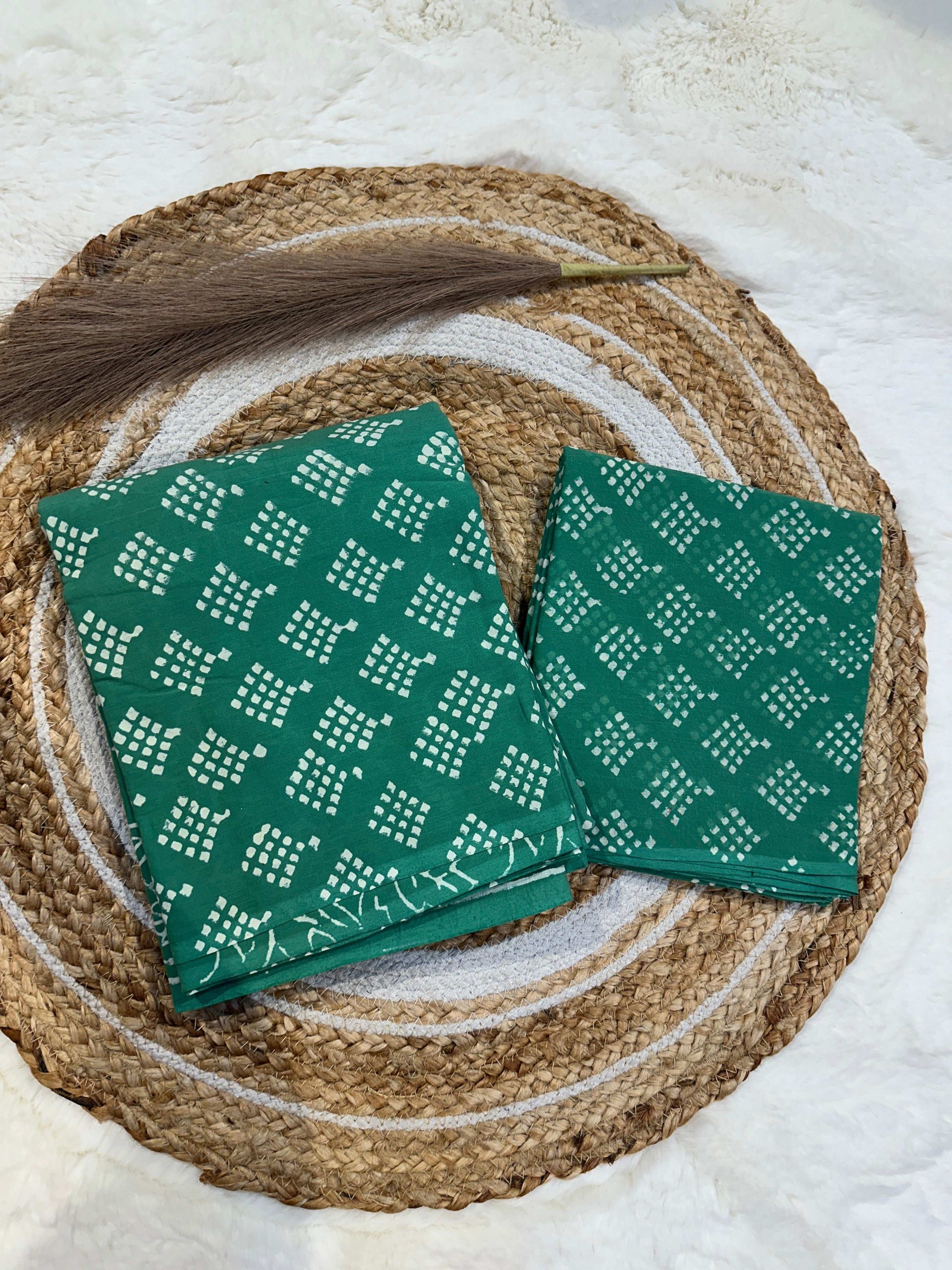 Green handblock printed cotton unstitched suit set with cotton dupatta
