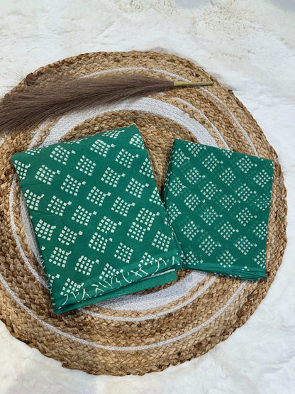 Green handblock printed cotton unstitched suit set with cotton dupatta