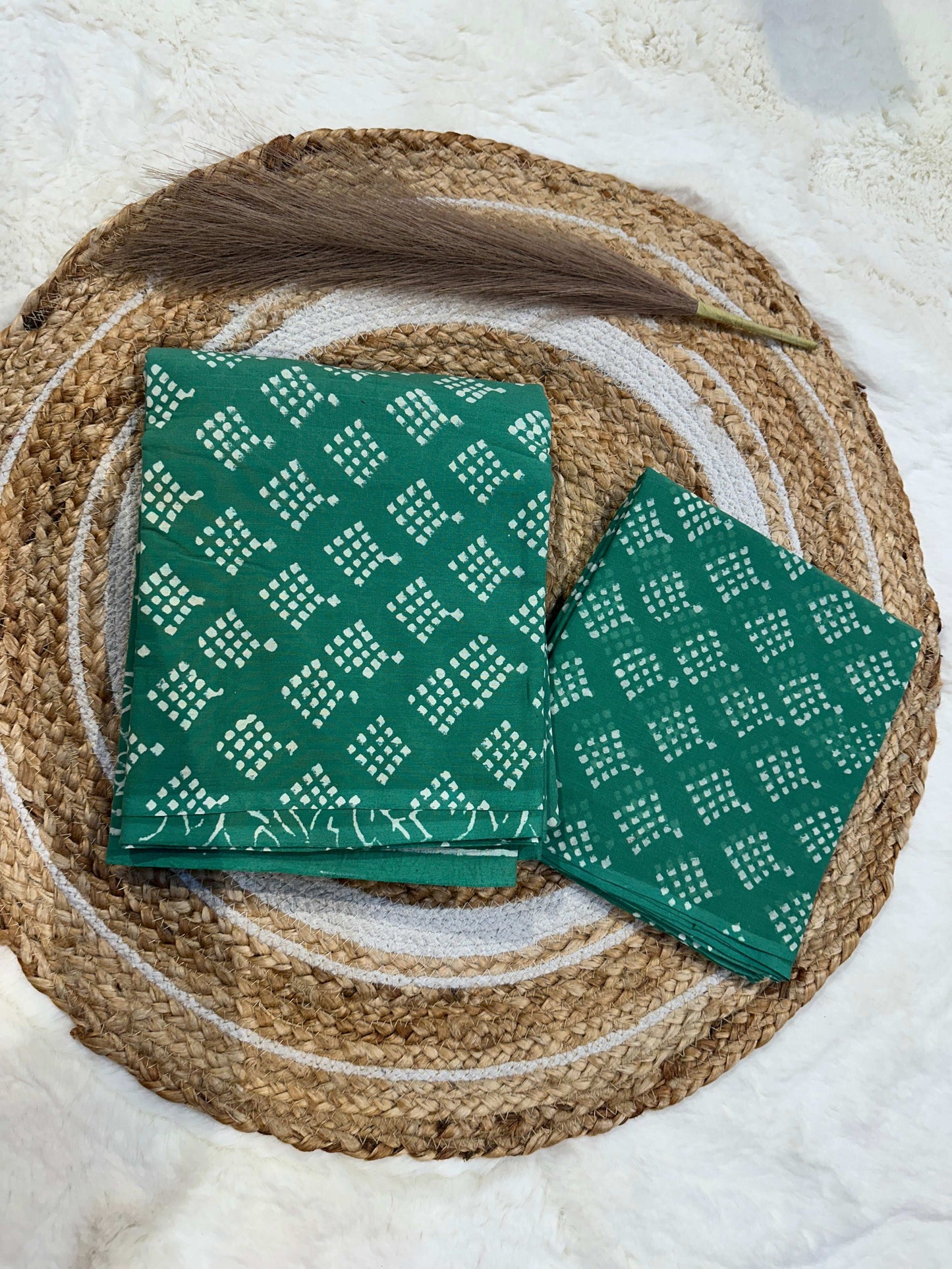 Green handblock printed cotton unstitched suit set with cotton dupatta