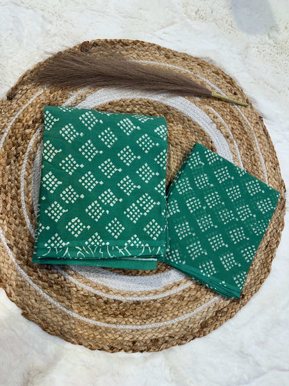 Green handblock printed cotton unstitched suit set with cotton dupatta