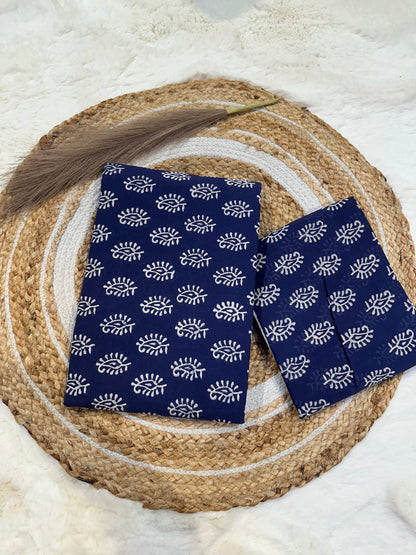 Indigo handblock printed cotton unstitched suit set with cotton dupatta