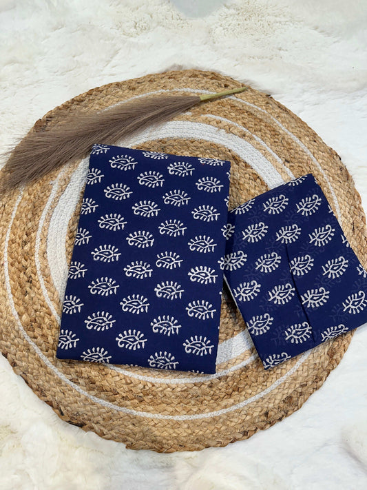 Indigo handblock printed cotton unstitched suit set with cotton dupatta