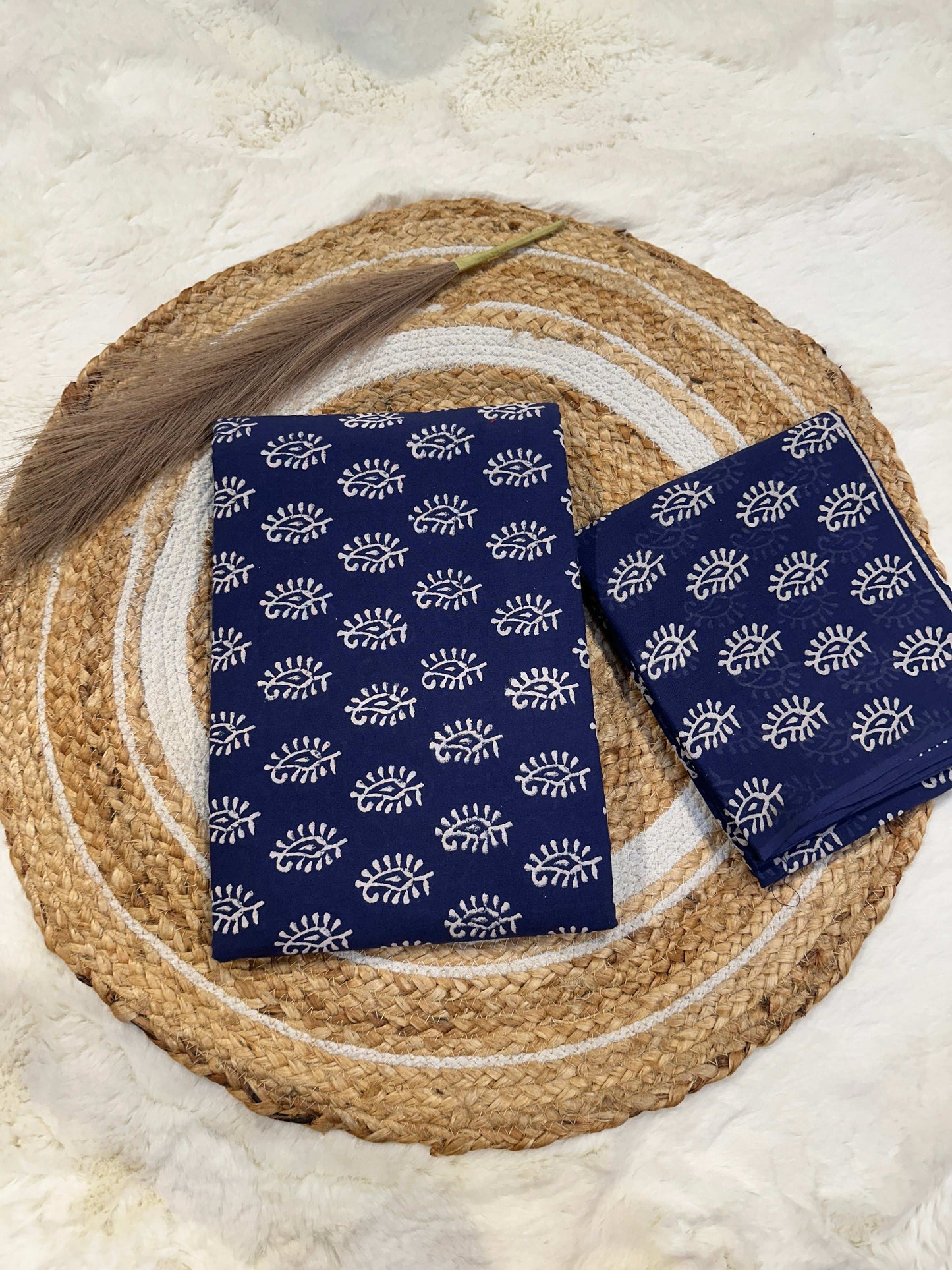 Indigo handblock printed cotton unstitched suit set with cotton dupatta