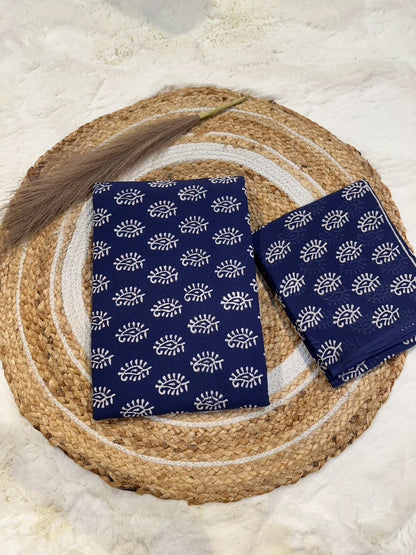 Indigo handblock printed cotton unstitched suit set with cotton dupatta