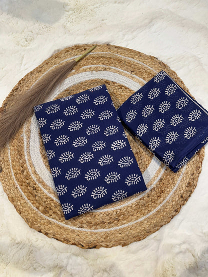 Indigo handblock printed cotton unstitched suit set with cotton dupatta
