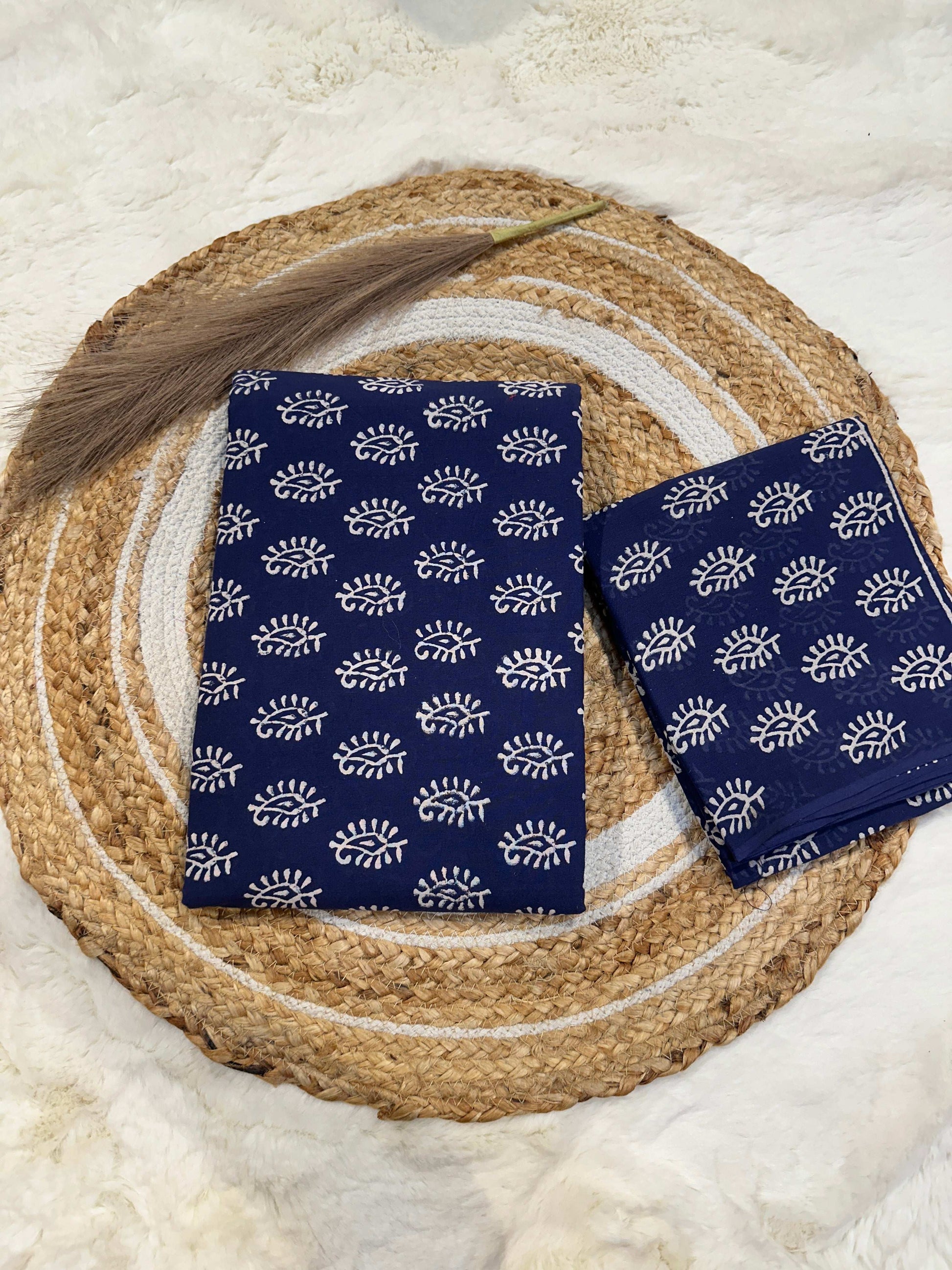 Indigo handblock printed cotton unstitched suit set with cotton dupatta