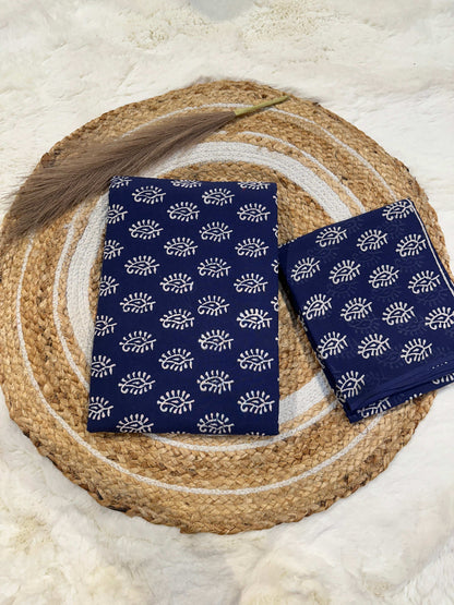 Indigo handblock printed cotton unstitched suit set with cotton dupatta