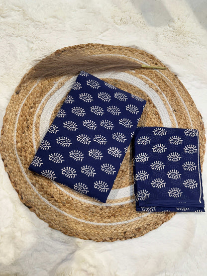 Indigo handblock printed cotton unstitched suit set with cotton dupatta