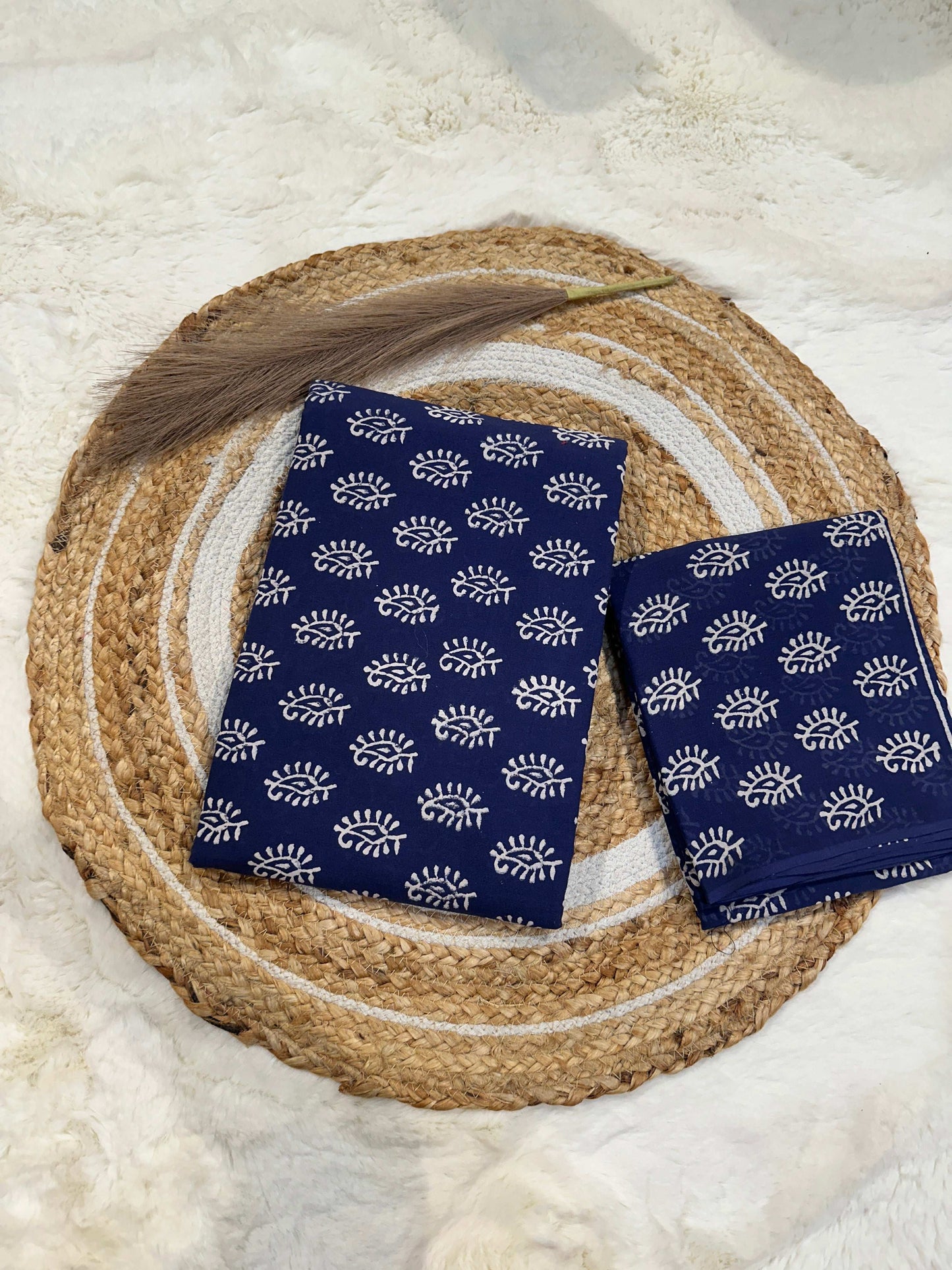 Indigo handblock printed cotton unstitched suit set with cotton dupatta