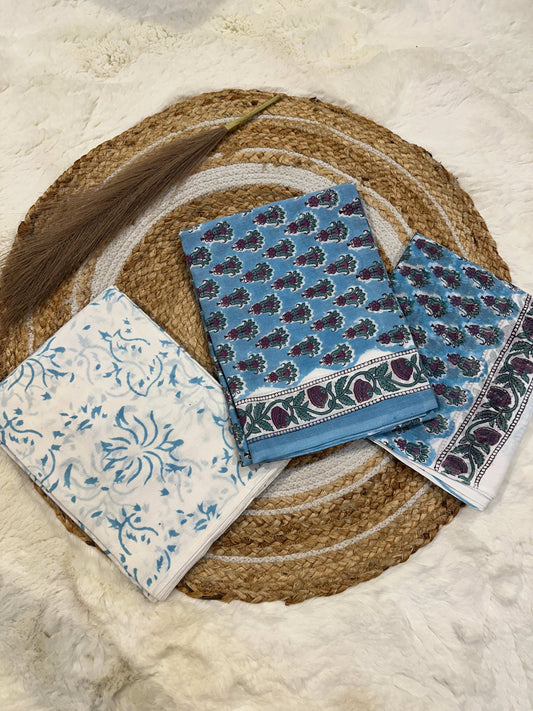 Light blue handblock printed cotton unstitched suit set with cotton dupatta