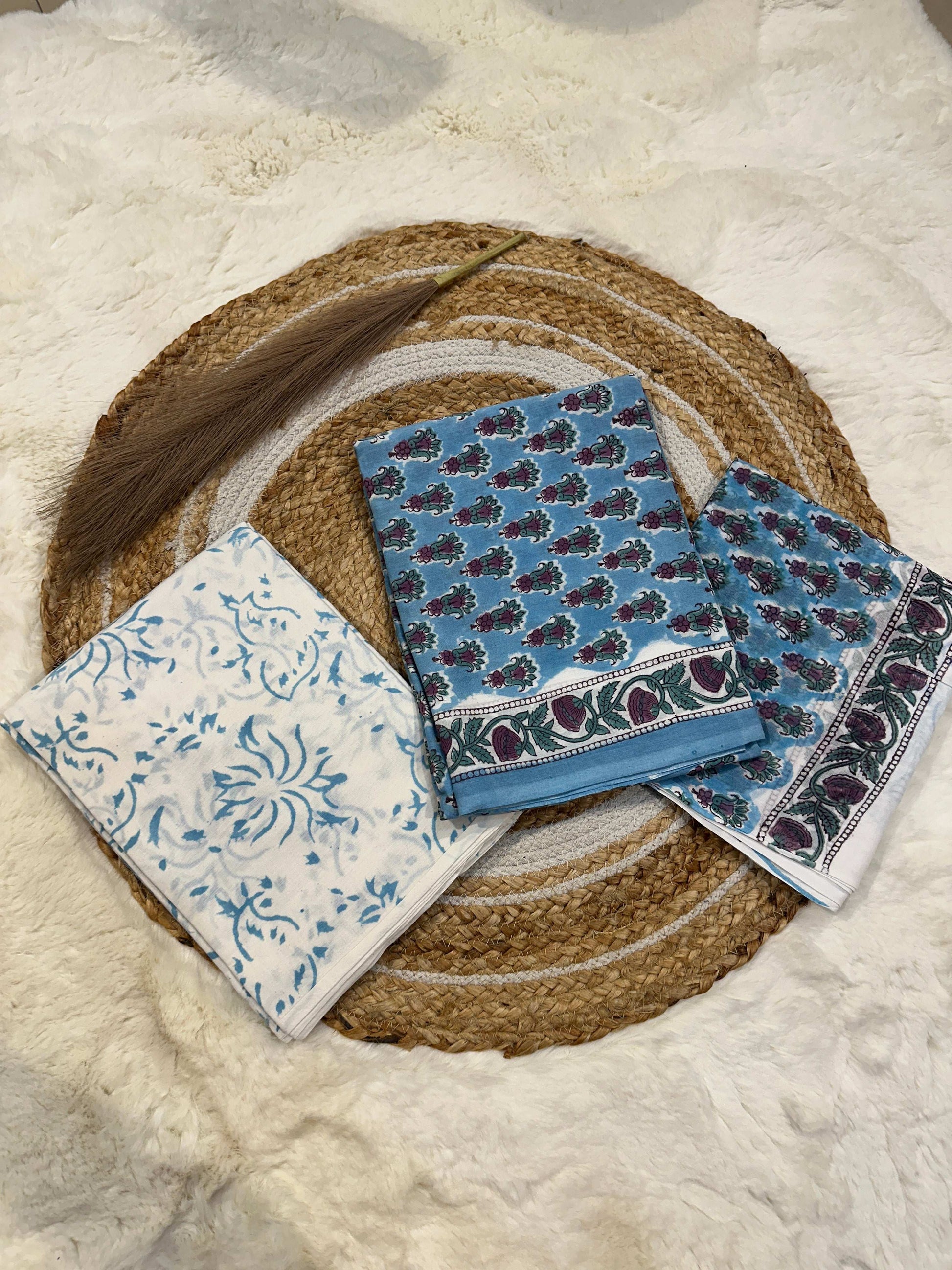 Light blue handblock printed cotton unstitched suit set with cotton dupatta