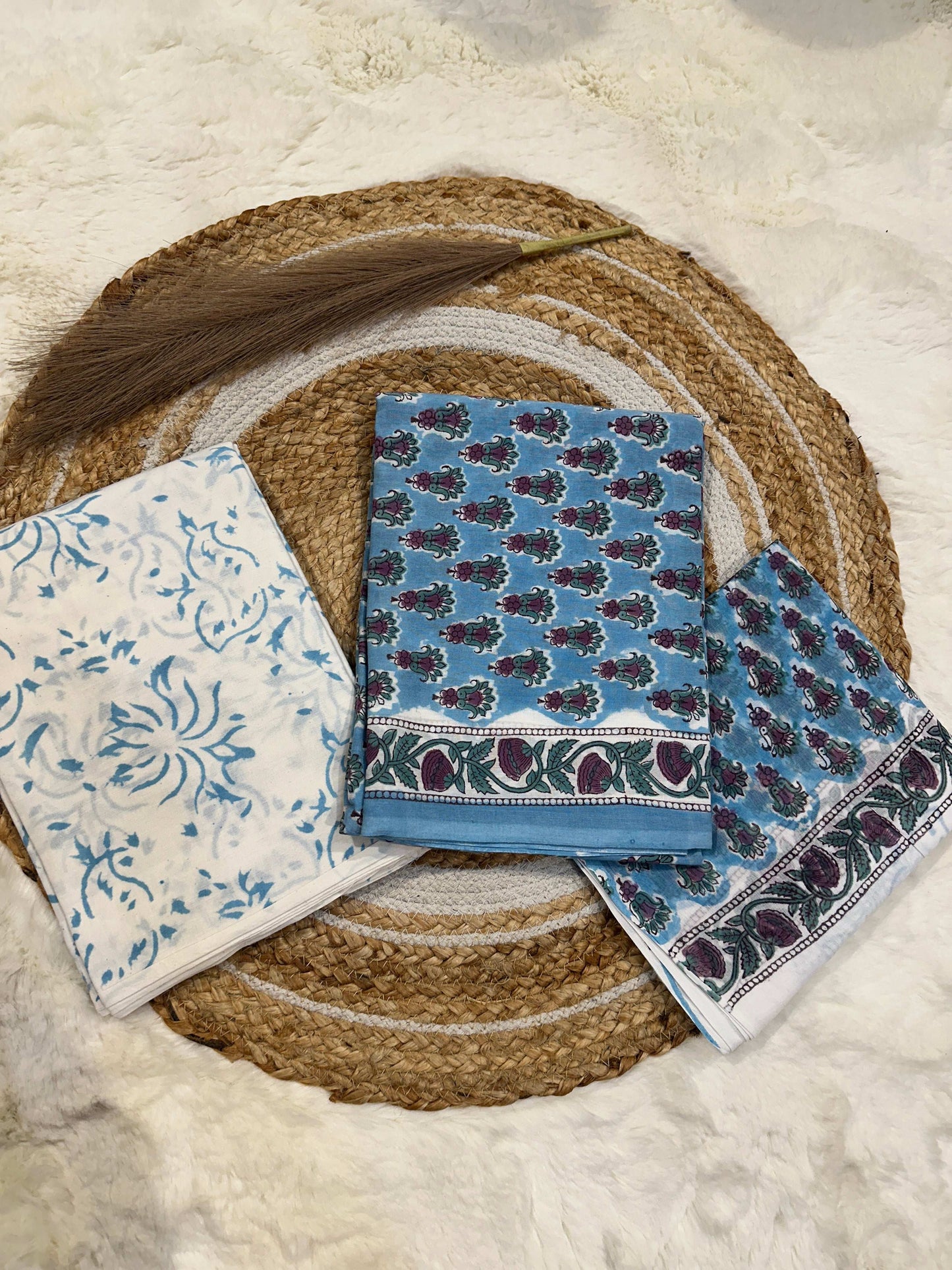 Light blue handblock printed cotton unstitched suit set with cotton dupatta