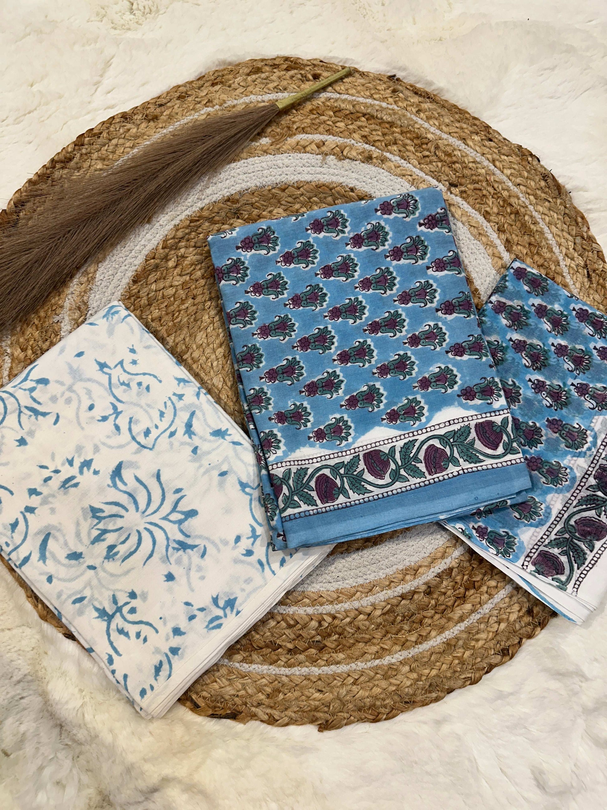 Light blue handblock printed cotton unstitched suit set with cotton dupatta