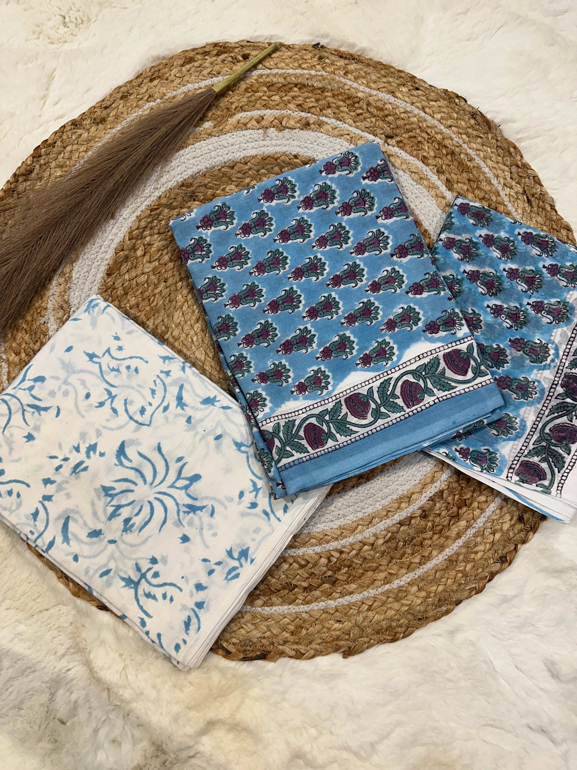 Light blue handblock printed cotton unstitched suit set with cotton dupatta