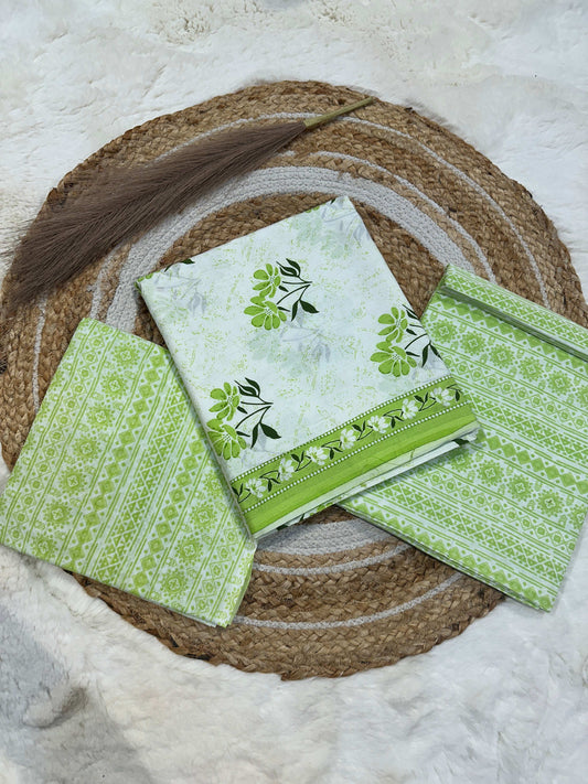 Green flower printed cotton unstitched suit set with cotton dupatta