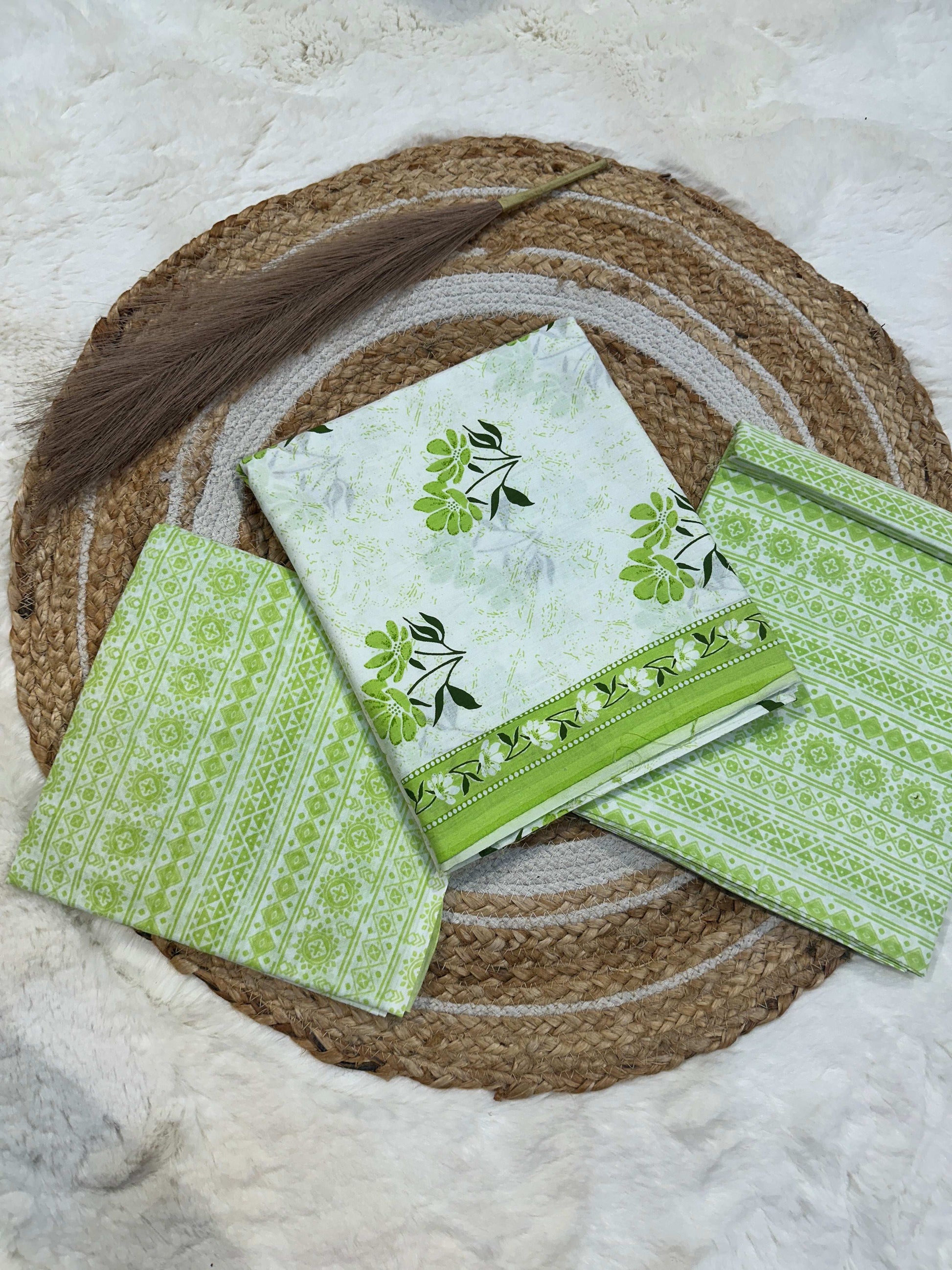 Green flower printed cotton unstitched suit set with cotton dupatta