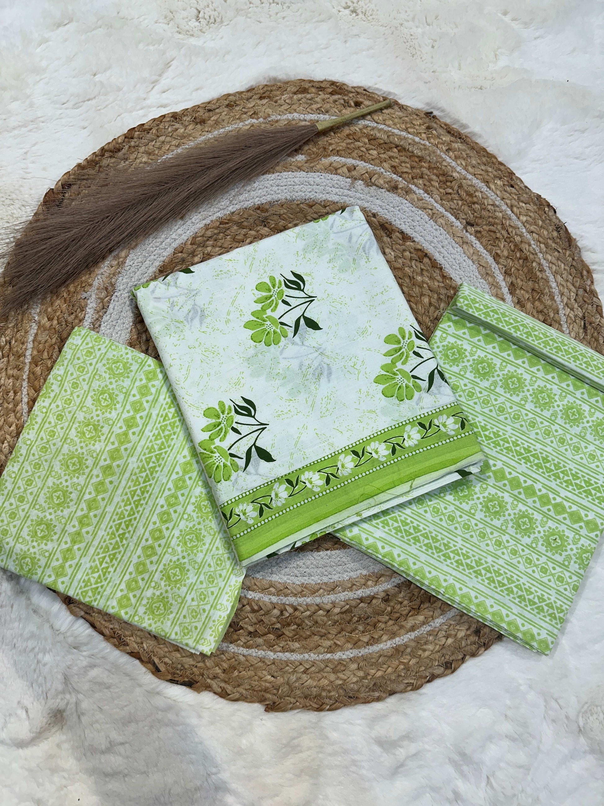 Green flower printed cotton unstitched suit set with cotton dupatta