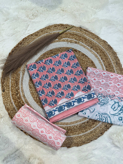 Peach handblock printed cotton unstitched suit set with cotton dupatta