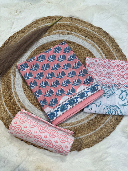 Peach handblock printed cotton unstitched suit set with cotton dupatta