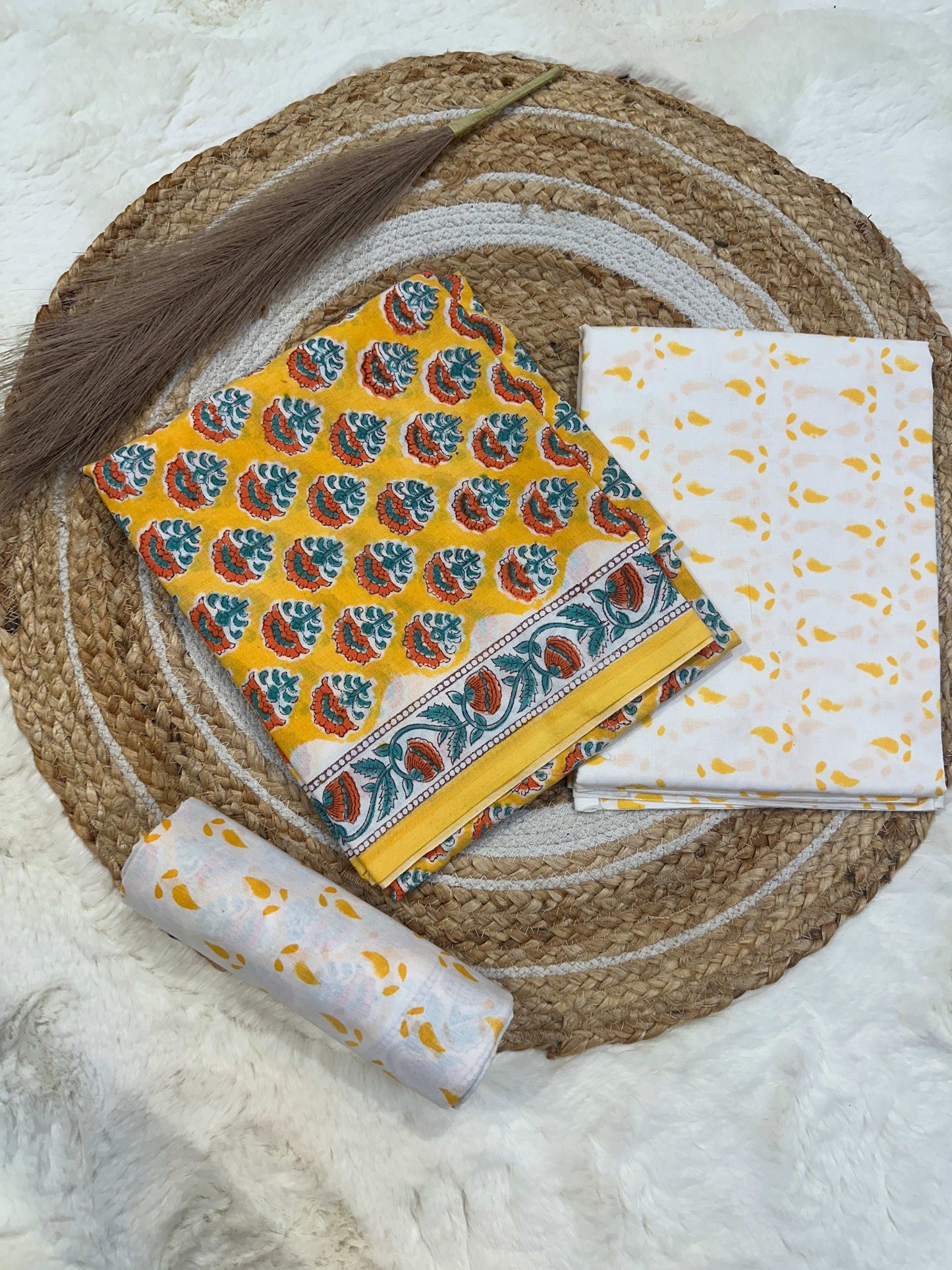 Yellow handblock printed cotton unstitched suit set with cotton dupatta