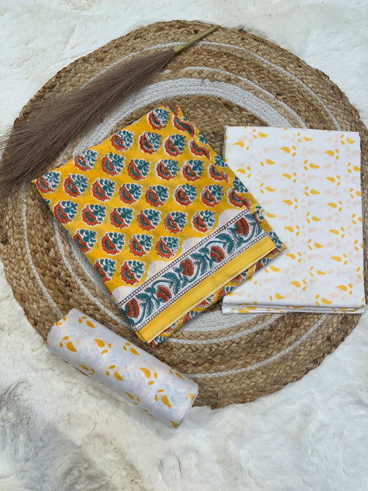 Yellow handblock printed cotton unstitched suit set with cotton dupatta