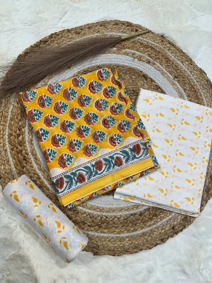 Yellow handblock printed cotton unstitched suit set with cotton dupatta