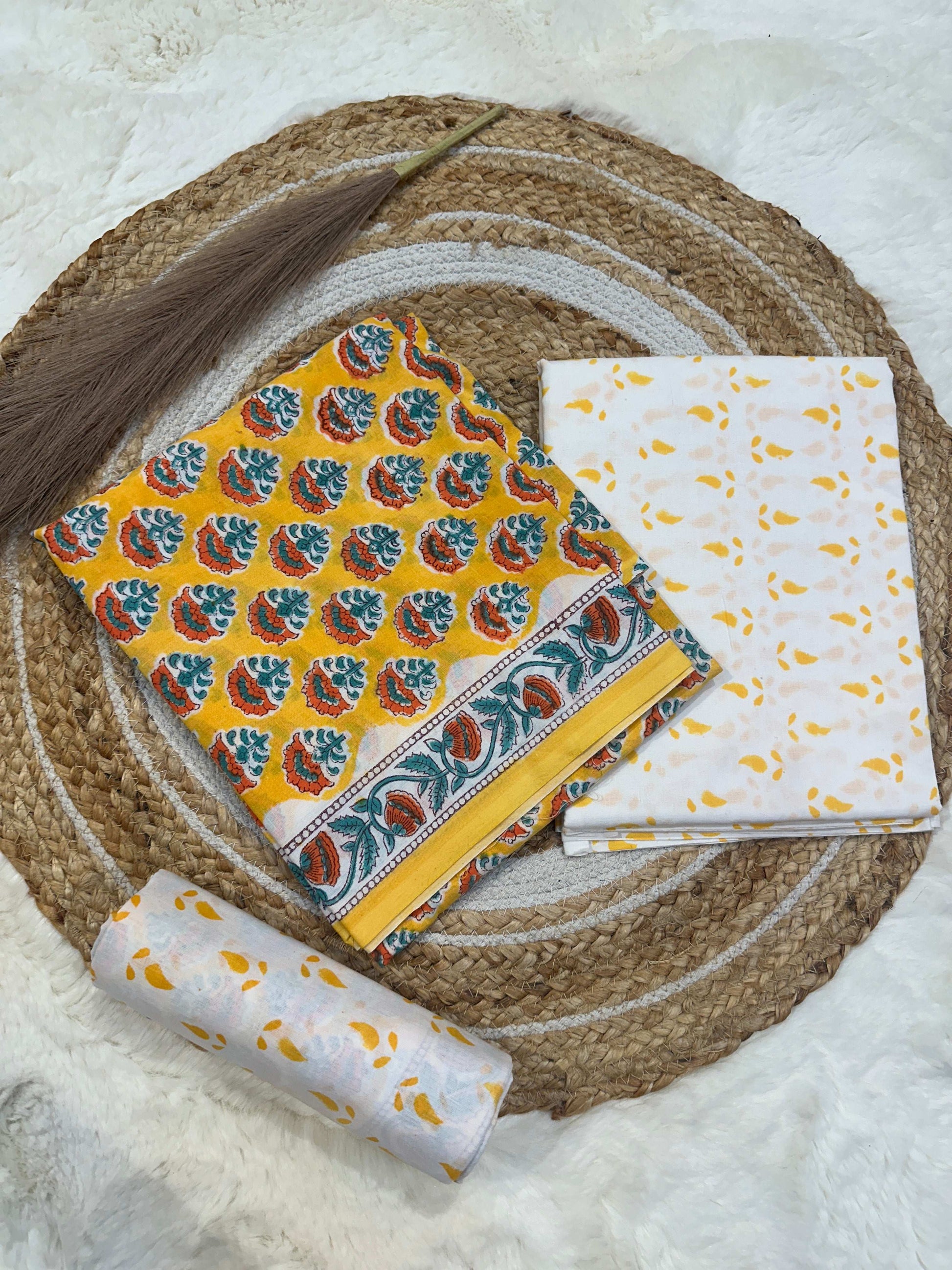 Yellow handblock printed cotton unstitched suit set with cotton dupatta