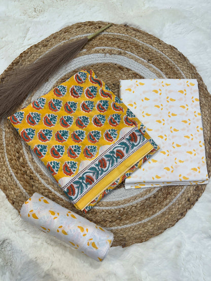 Yellow handblock printed cotton unstitched suit set with cotton dupatta