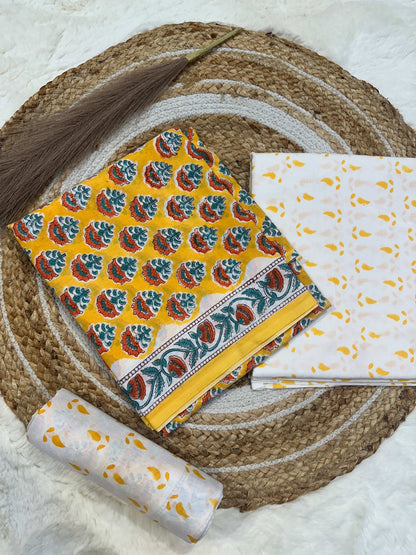 Yellow handblock printed cotton unstitched suit set with cotton dupatta