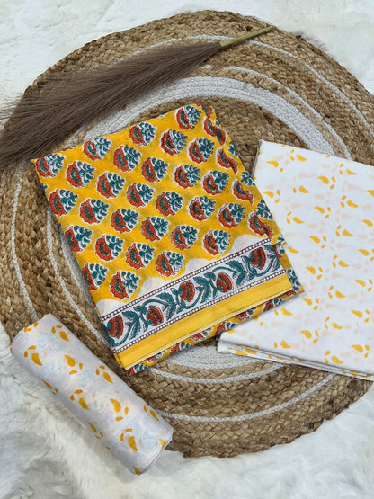 Yellow handblock printed cotton unstitched suit set with cotton dupatta