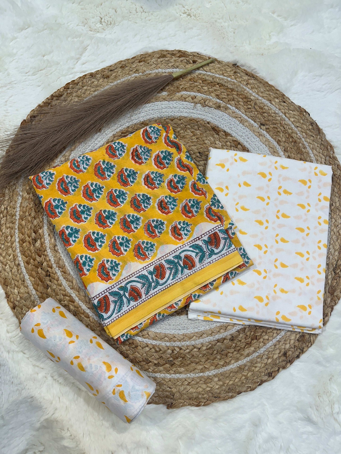 Yellow handblock printed cotton unstitched suit set with cotton dupatta