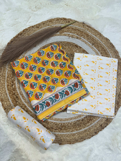 Yellow handblock printed cotton unstitched suit set with cotton dupatta