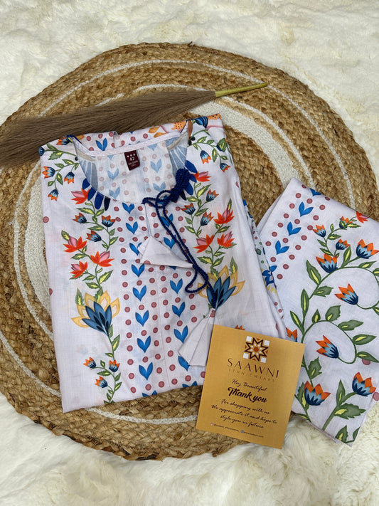 White multicolor printed kurta pant set