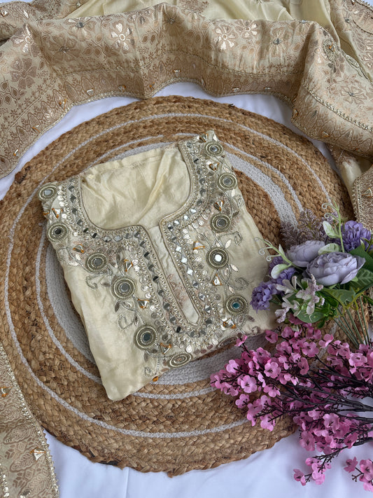Golden Cream Designer Dola silk Unstitched Suit Set with Intricate Heavy Gota Patti Work