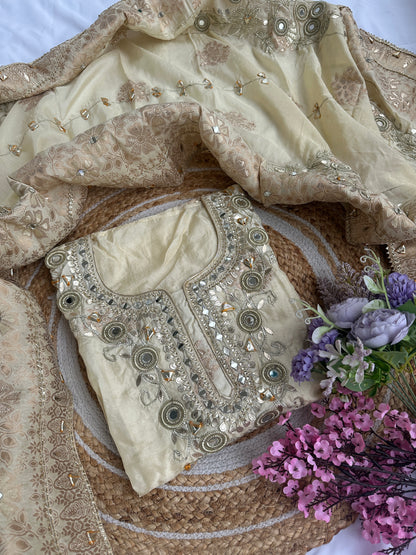 Golden Cream Designer Dola silk Unstitched Suit Set with Intricate Heavy Gota Patti Work