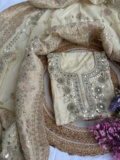 Golden Cream Designer Dola silk Unstitched Suit Set with Intricate Heavy Gota Patti Work