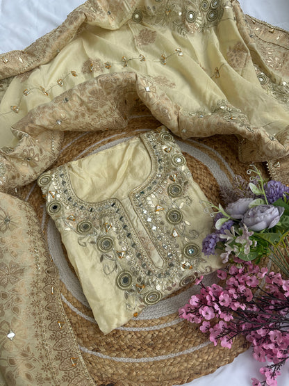 Golden Cream Designer Dola silk Unstitched Suit Set with Intricate Heavy Gota Patti Work