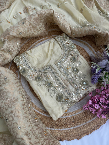Golden Cream Designer Dola silk Unstitched Suit Set with Intricate Heavy Gota Patti Work
