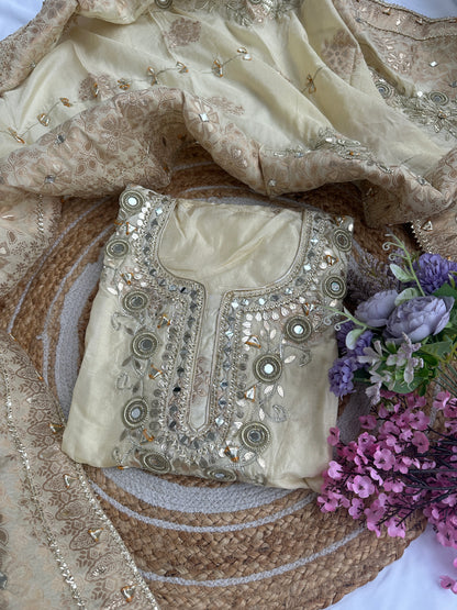 Golden Cream Designer Dola silk Unstitched Suit Set with Intricate Heavy Gota Patti Work